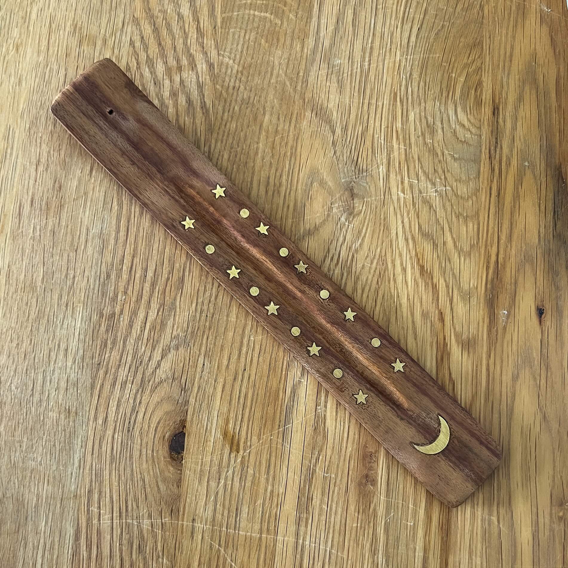Mango wood ski incense holder with moon and star brass inlaid