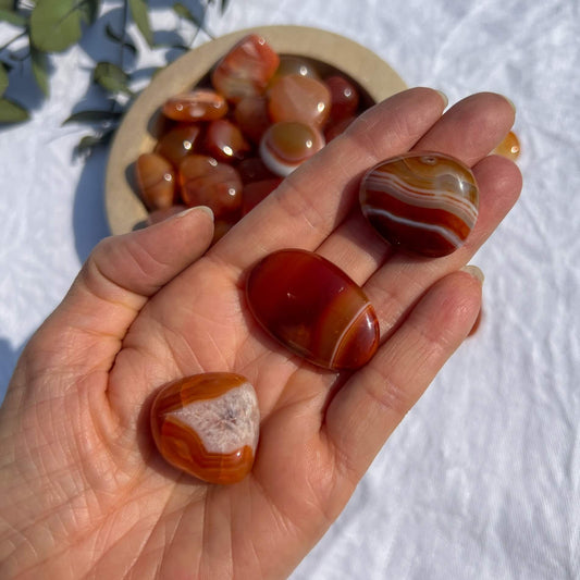 An open hand holding three vibrant red and orange patterned carnelian crystal tumblestones