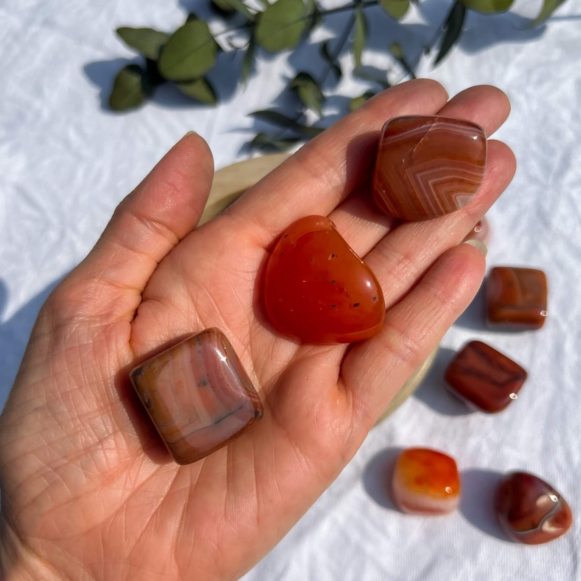 An open hand holding three large red and orange carnelian crystal pebbles