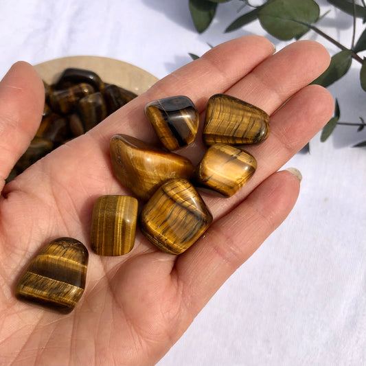 ethically sourced tigers eye crystal tumble stones in the palm of a hand