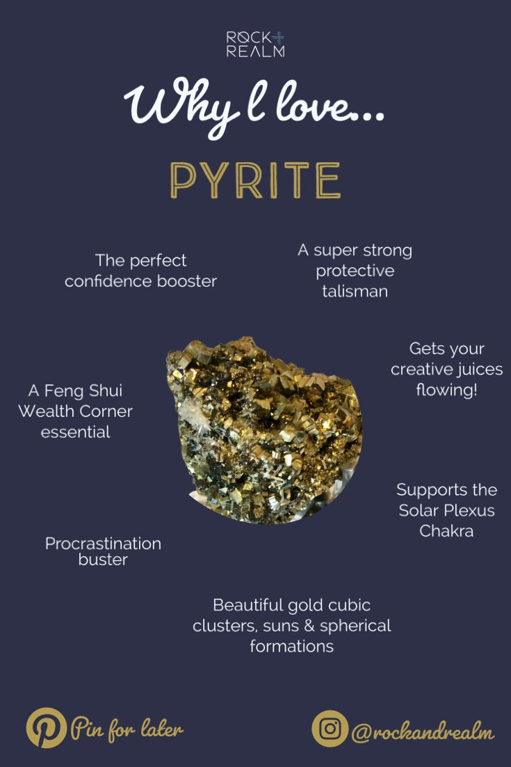 An infographiic highlighting why we recommend pyrite crystals for confidence, success and protection