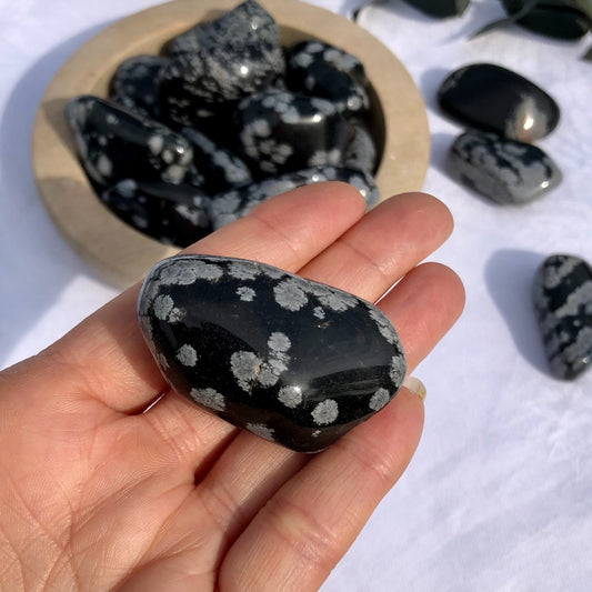 A glossy black and white snowflake obsidian pebble held in the sun