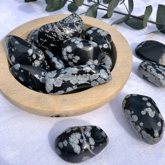 Wooden bowl full of glossy black and white snowflake obsidian crystal pebbles