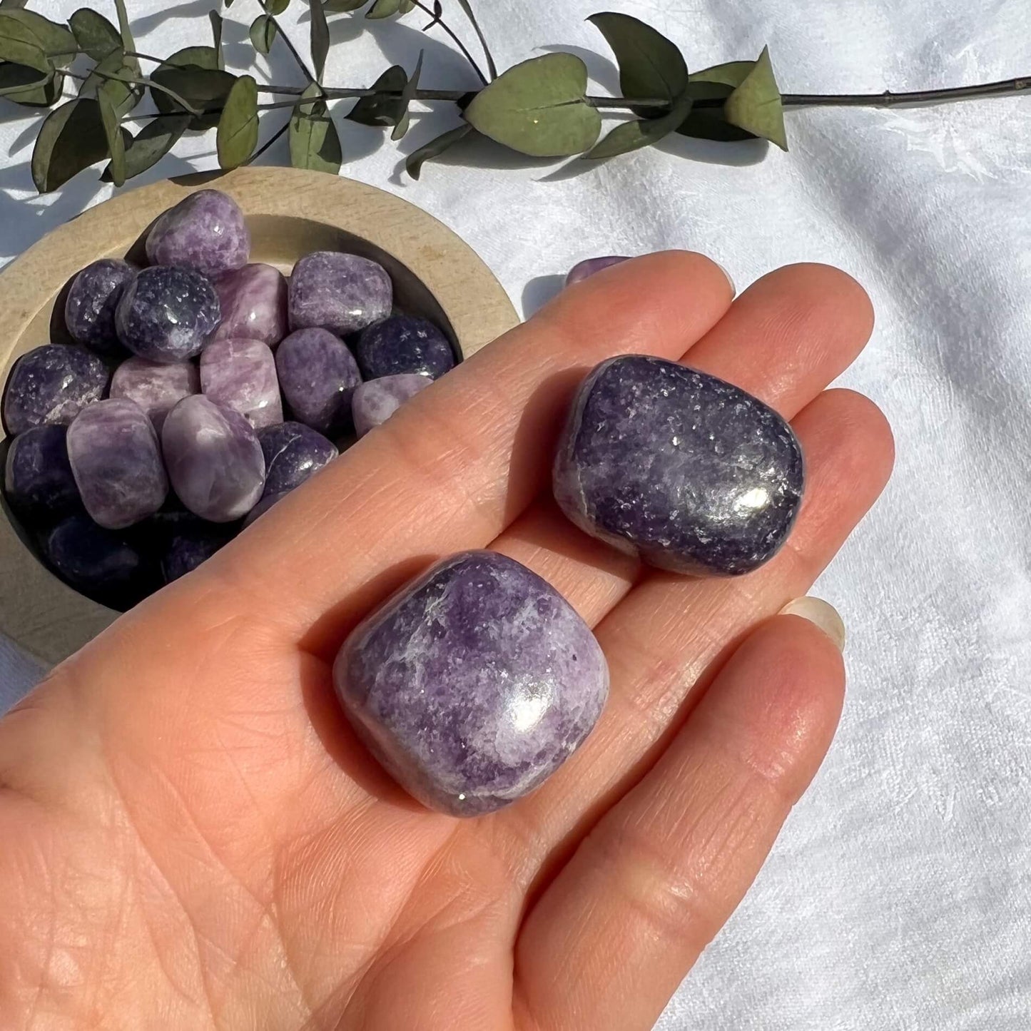 Dark and pale purple and white patterned lepidolite crystal tumblestones in an outstretched hand