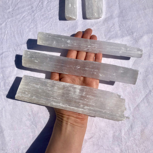 three extra large white selenite rods held on an open palm as a size comparison