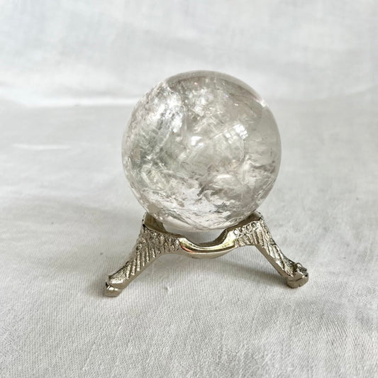 Silver nickel vintage style small crystal sphere holder with quartz crystal sphere