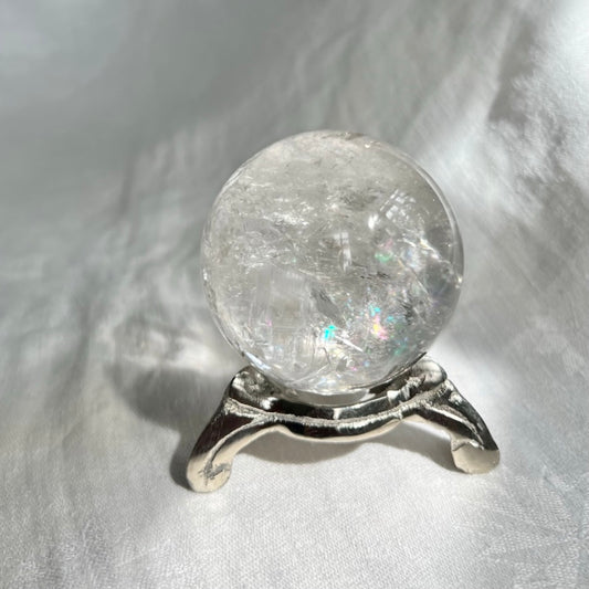 Vintage swirl style nickel plated crystal sphere holder with quartz sphere