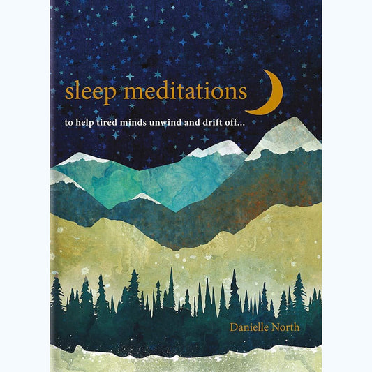 Sleep Meditations by Danielle North front cover illustration of watercolour mountain range and a night sky